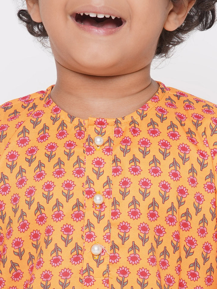 Jaipuri Floral Print Pure Kurta with Dhoti - Yellow | SHOBITAM