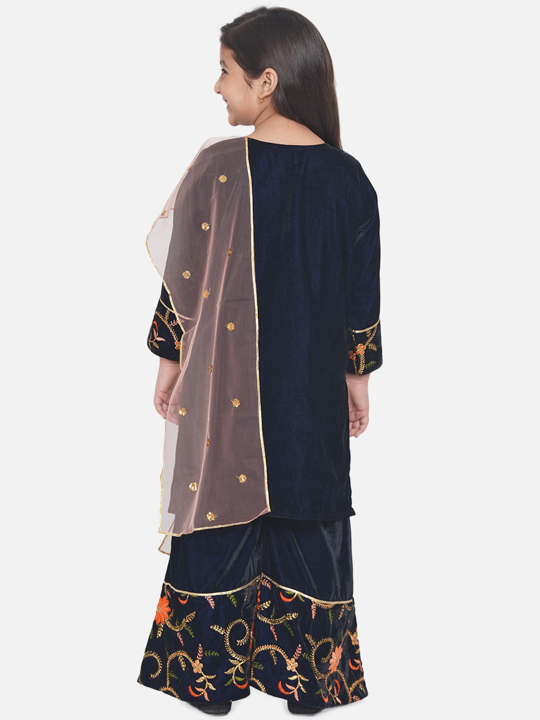 Girls Floral Embrodiery Velvet Kurta Plazzo in Royal Blue  | SHOBITAM