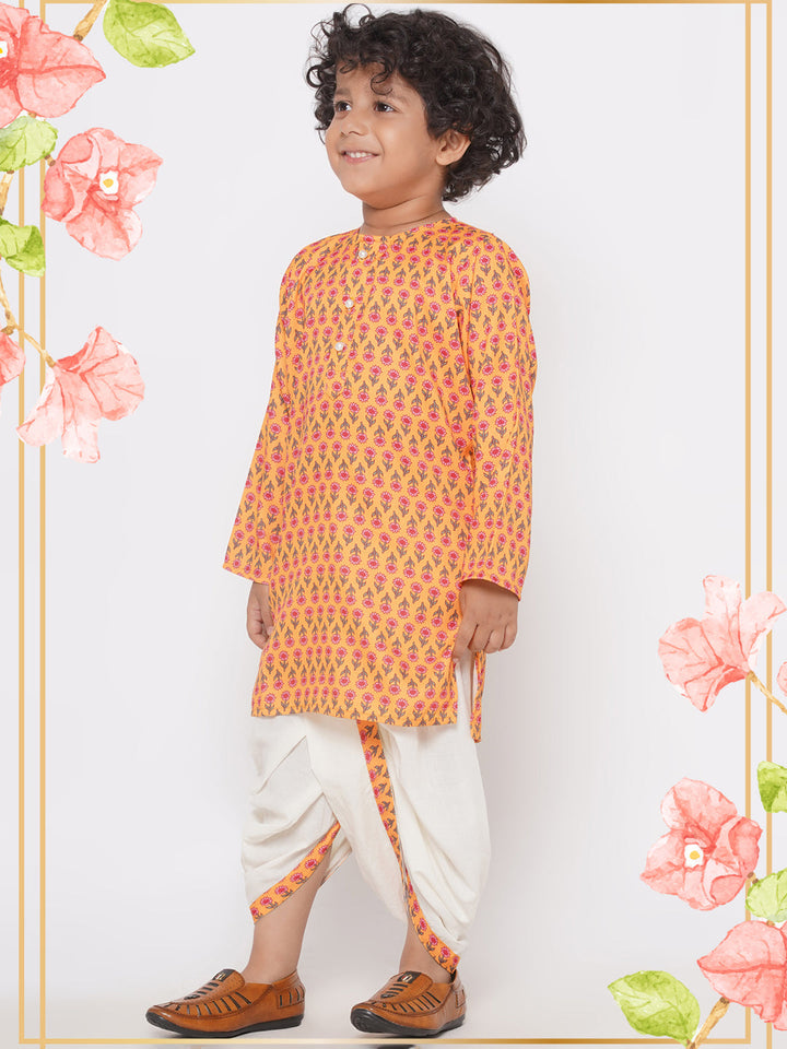 Jaipuri Floral Print Pure Kurta with Dhoti - Yellow | SHOBITAM