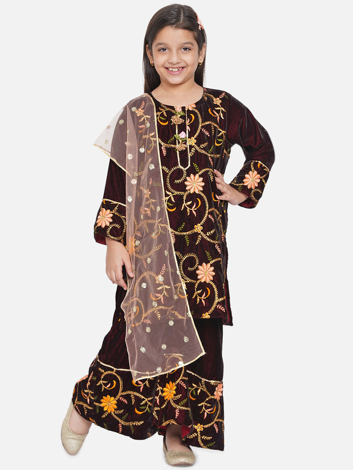 Girls Floral Embroidery Velvet Kurta Palazzo in Mahroon | SHOBITAM