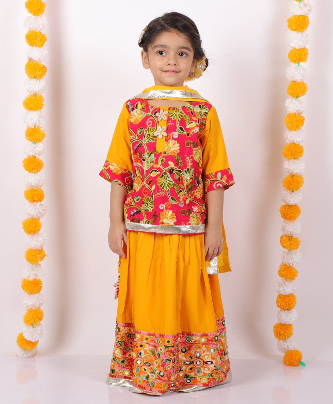 Girls Floral Embroidery Kurta with Mirror Work Lehenga & Dupatta -Yellow and Red | SHOBITAM