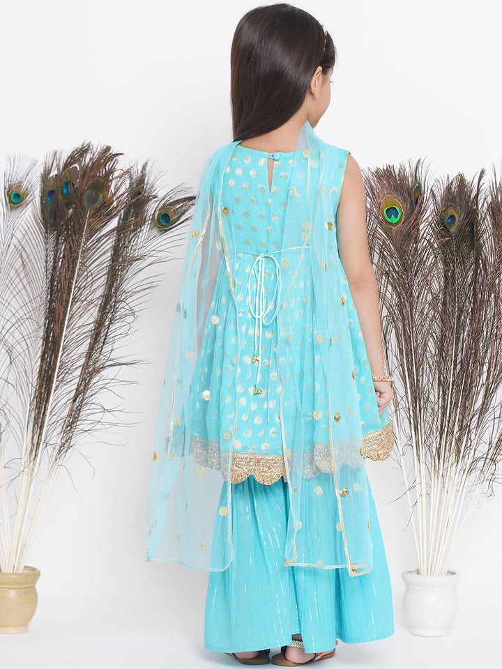 Banarsi Floral Frock Style Kurta with Golden Striped Sharara & Dupatta- Blue | SHOBITAM