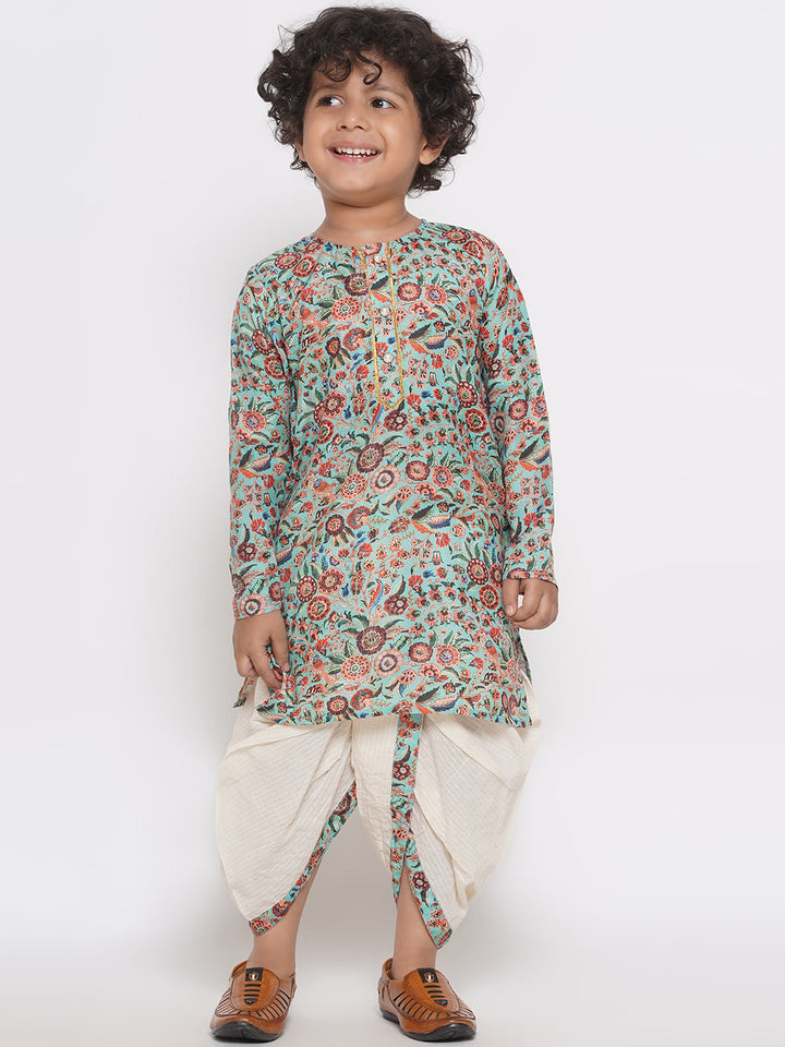 || No Fabric Name || Boys Floral Print Kurta with Pearl Button & Thread work Dhoti - Green & Cream | SHOBITAM