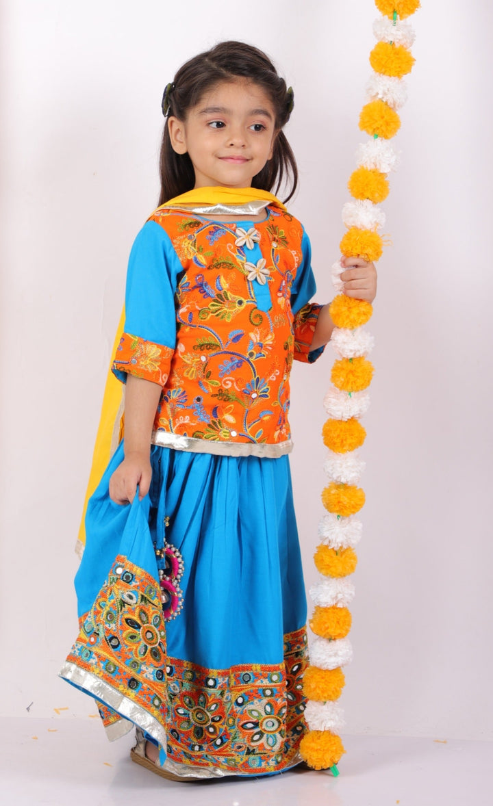 Girls Floral Embroidery Kurta with Mirror Work Lehenga & Dupatta - Orange & Blue | SHOBITAM