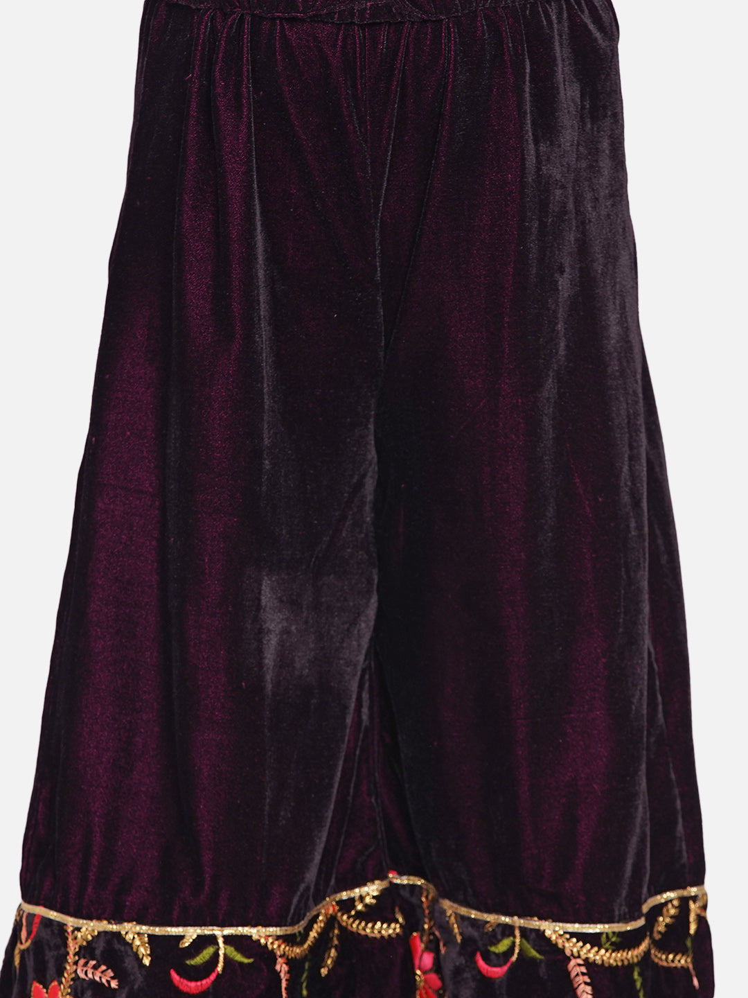 Girls Floral Embroidery Velvet Kurta Plazzo in Violet | SHOBITAM