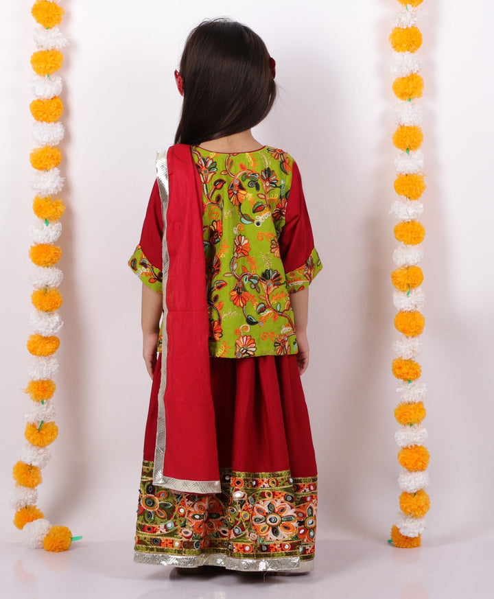 Girls Floral Embroidery Kurta with Mirror Work Lehenga and Dupatta - Maroon | SHOBITAM