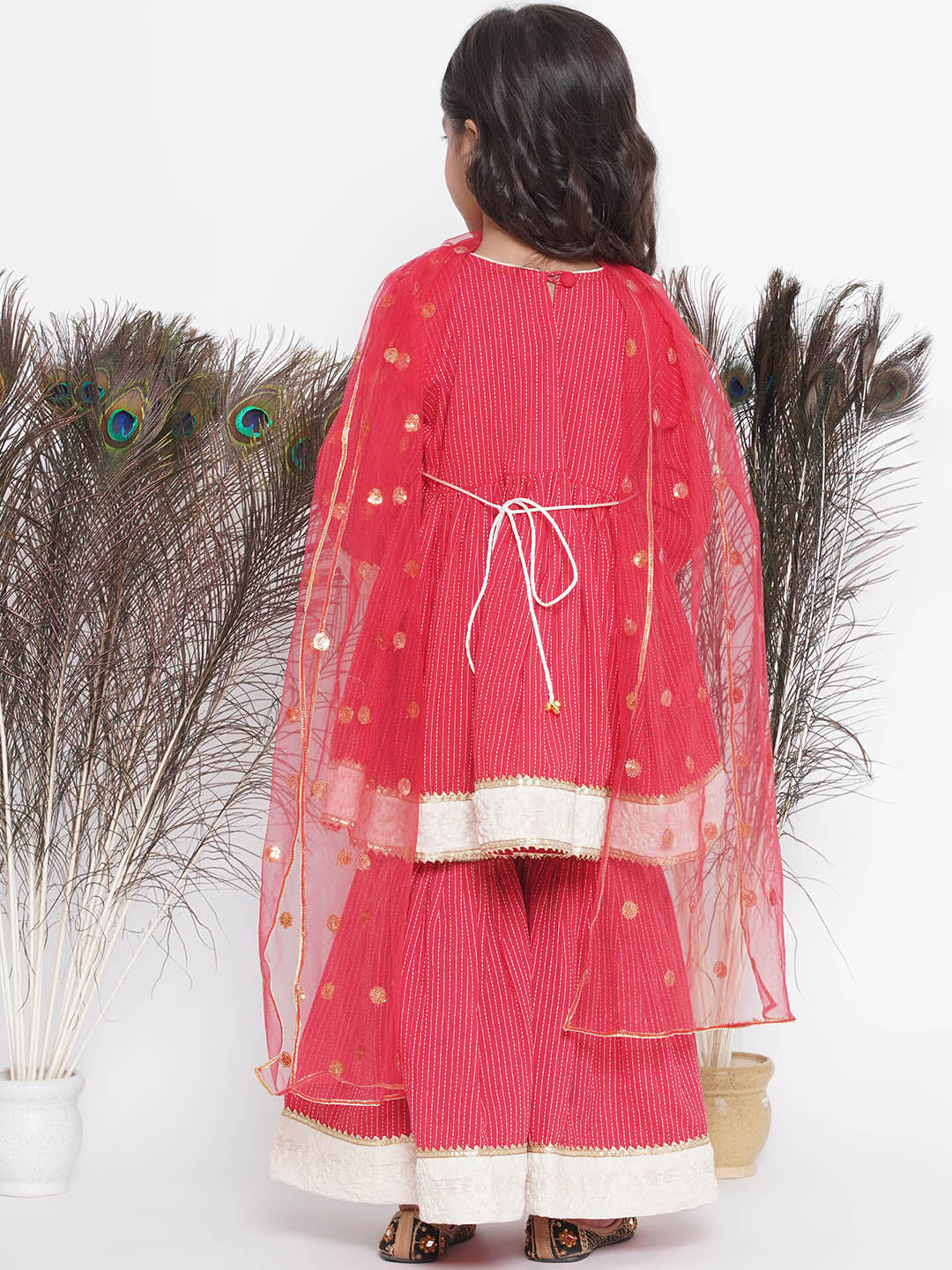 Floral Thread work Frock Style Kurta and Sharara with Dupatta - Red | SHOBITAM