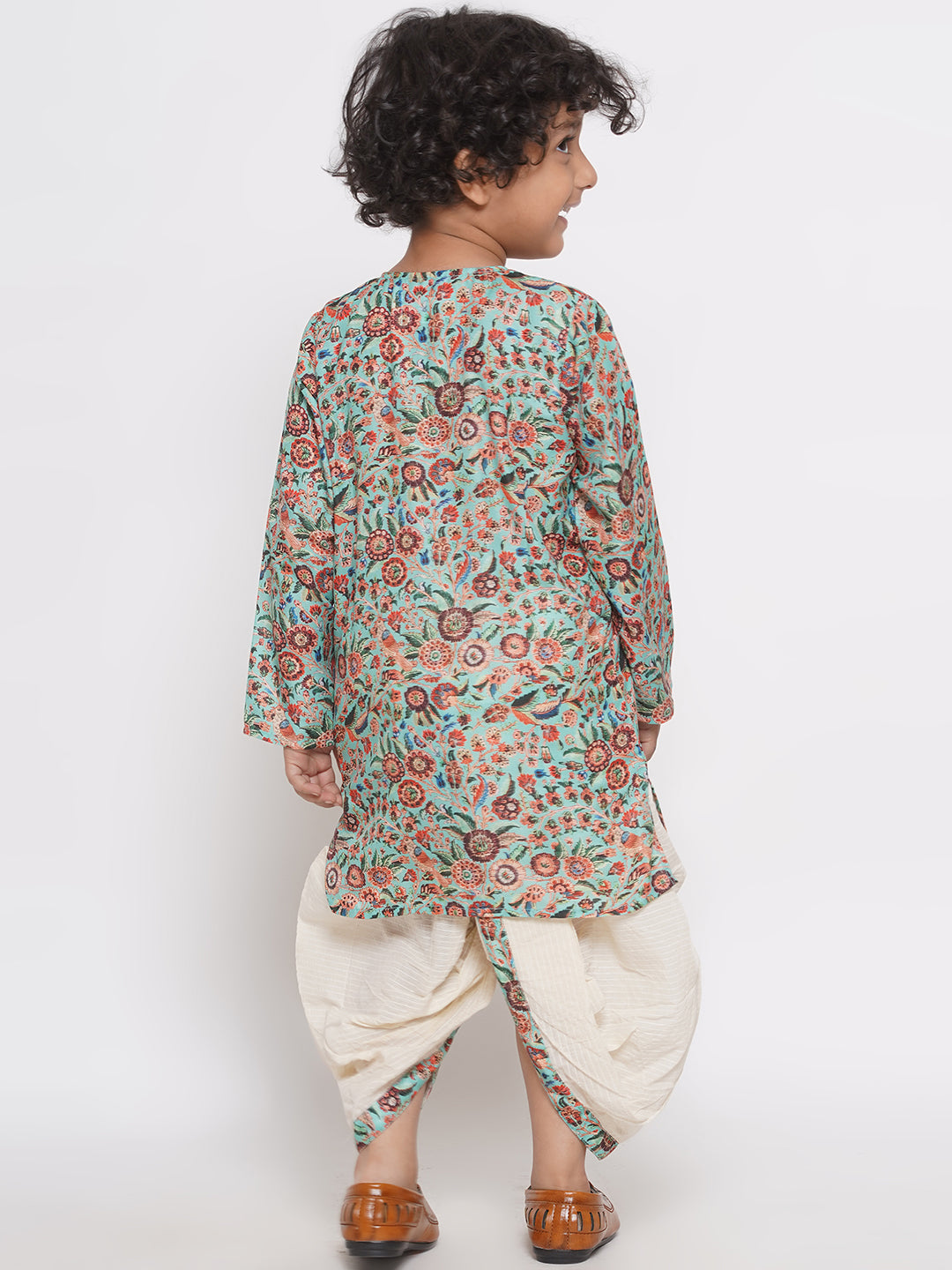 || No Fabric Name || Boys Floral Print Kurta with Pearl Button & Thread work Dhoti - Green & Cream | SHOBITAM