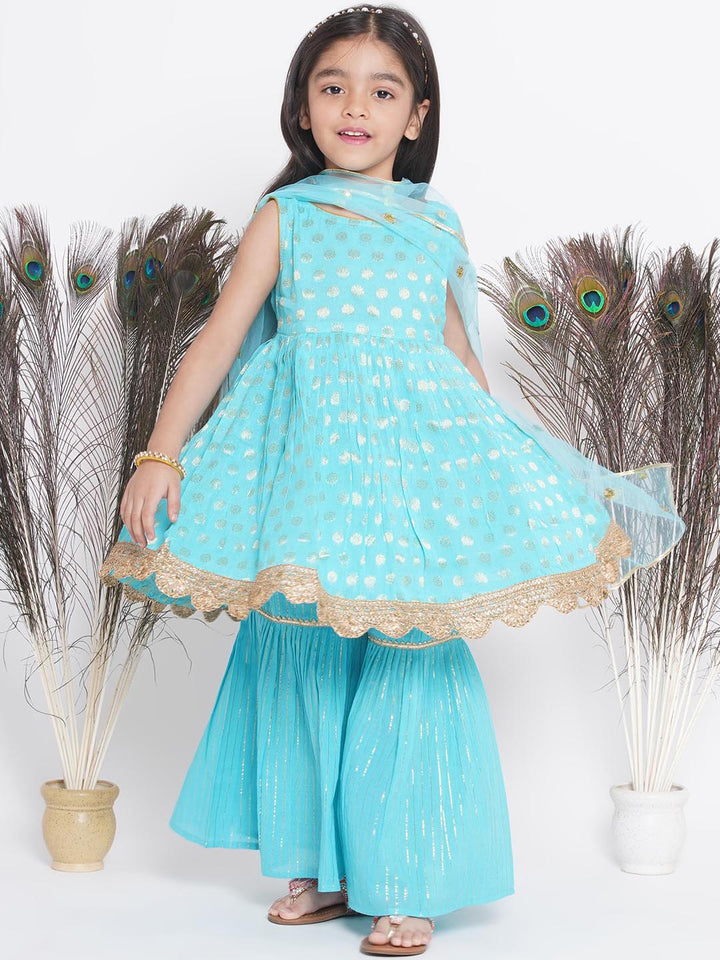 Banarsi Floral Frock Style Kurta with Golden Striped Sharara & Dupatta- Blue | SHOBITAM