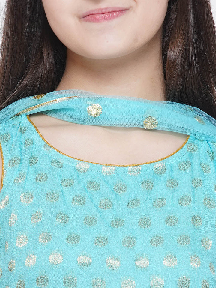 Banarsi Floral Frock Style Kurta with Golden Striped Sharara & Dupatta- Blue | SHOBITAM