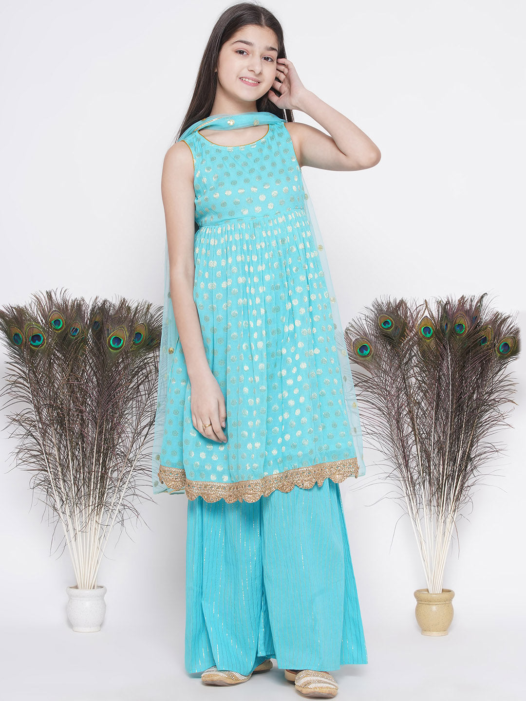 Banarsi Floral Frock Style Kurta with Golden Striped Sharara & Dupatta- Blue | SHOBITAM