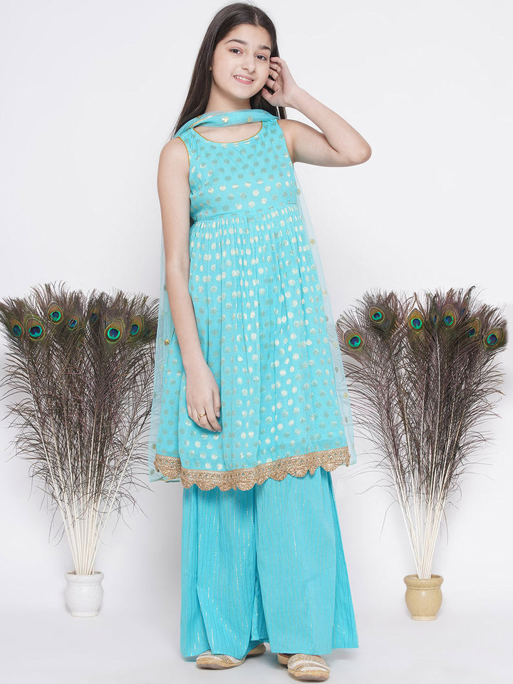 Banarsi Floral Frock Style Kurta with Golden Striped Sharara & Dupatta- Blue | SHOBITAM
