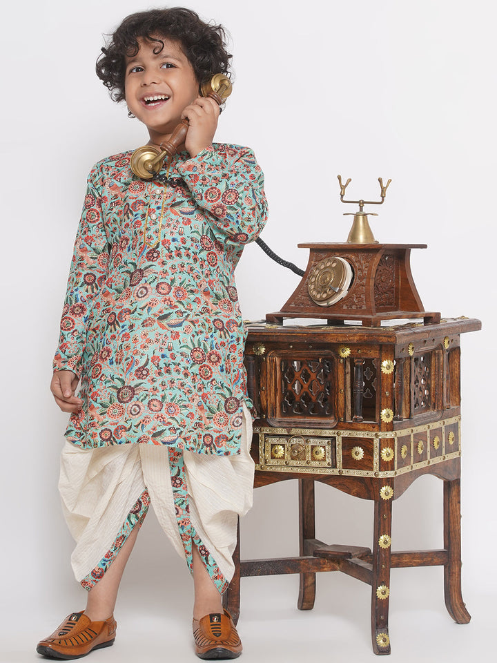 || No Fabric Name || Boys Floral Print Kurta with Pearl Button & Thread work Dhoti - Green & Cream | SHOBITAM