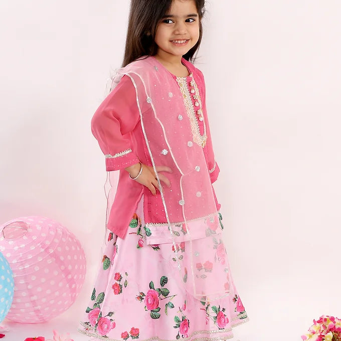 Girls Embroidery Kurta with Floral Pearl Button and Lehenga in Pink | SHOBITAM