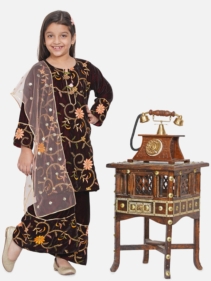 Girls Floral Embroidery Velvet Kurta Palazzo in Mahroon | SHOBITAM
