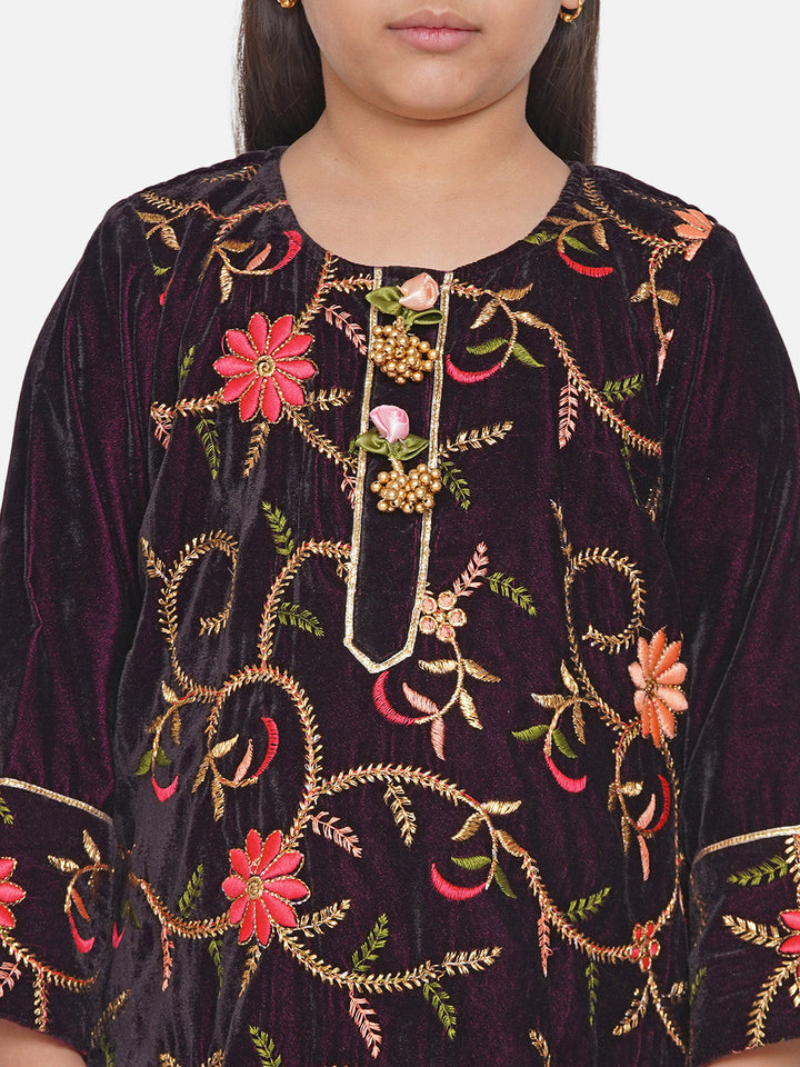 Girls Floral Embroidery Velvet Kurta Plazzo in Violet | SHOBITAM