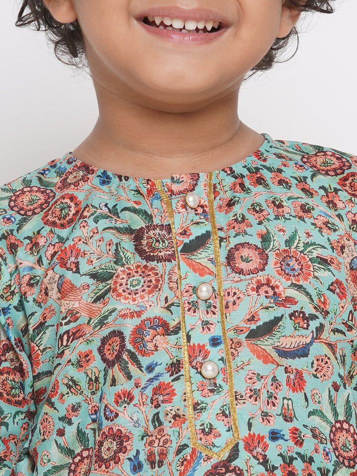|| No Fabric Name || Boys Floral Print Kurta with Pearl Button & Thread work Dhoti - Green & Cream | SHOBITAM