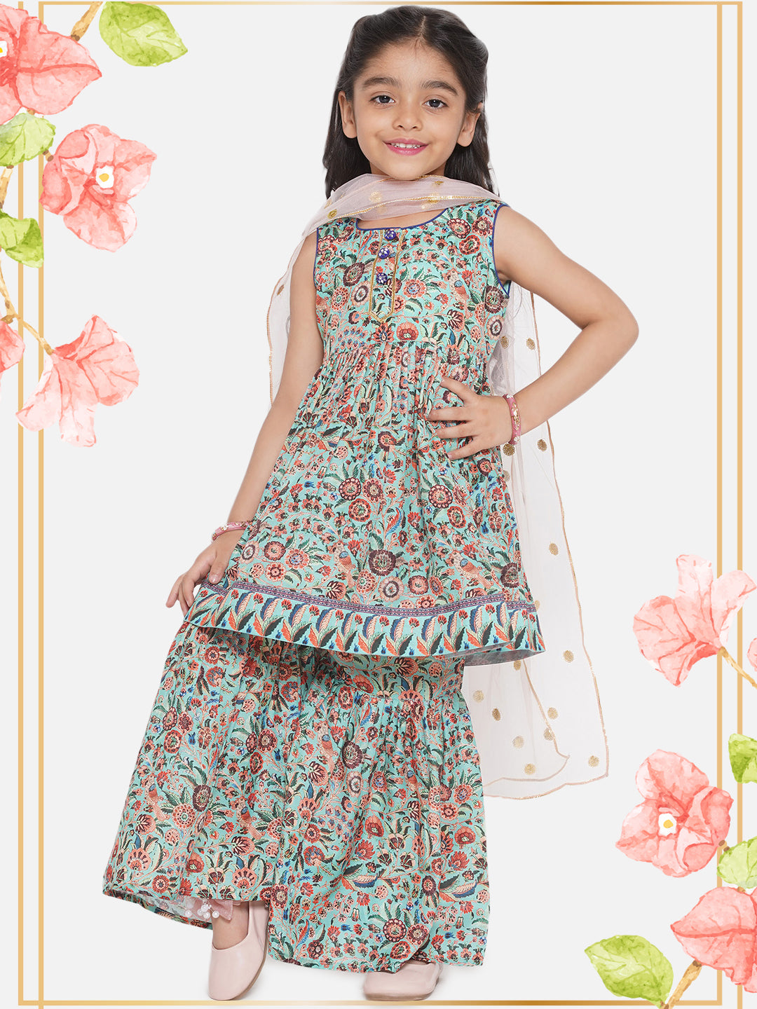 Floral Kurta with Ghera wala Sharara and Dupatta - Green | SHOBITAM