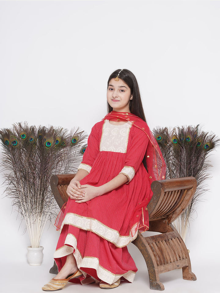 Floral Thread work Frock Style Kurta and Sharara with Dupatta - Red | SHOBITAM