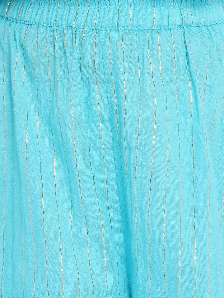 Banarsi Floral Frock Style Kurta with Golden Striped Sharara & Dupatta- Blue | SHOBITAM