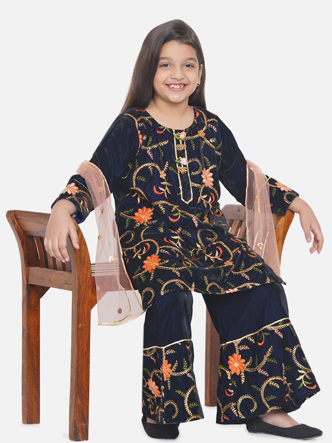 Girls Floral Embrodiery Velvet Kurta Plazzo in Royal Blue  | SHOBITAM