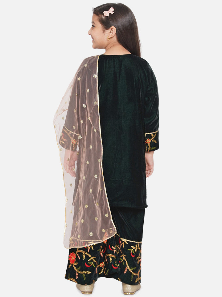 Girls Floral Embrodiery Velvet Kurta Plazzo in Mehendi Green | SHOBITAM