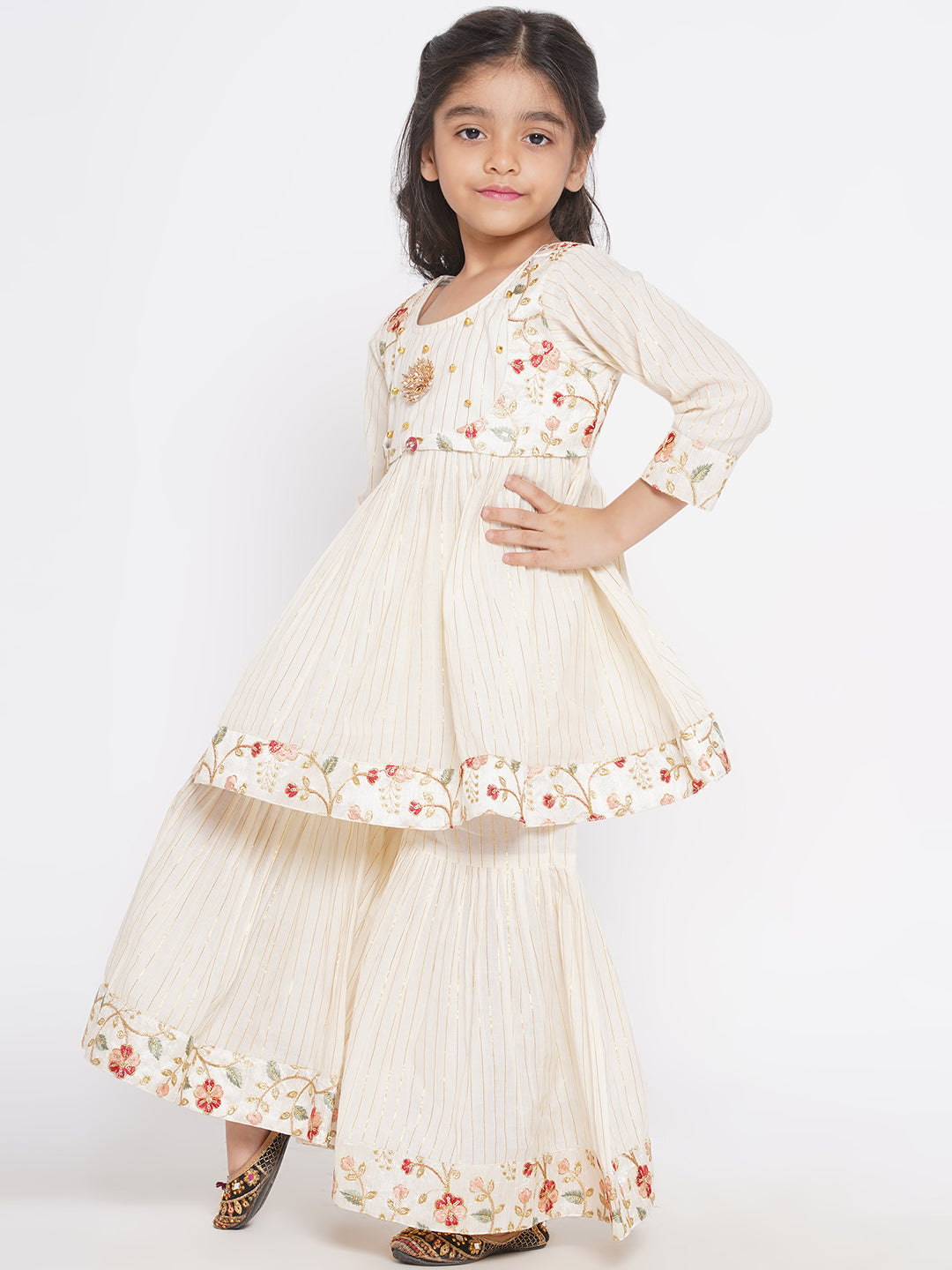 Floral Embroidery Jacket with Gold Strip Frock with Sharara & Dupatta - Cream | SHOBITAM