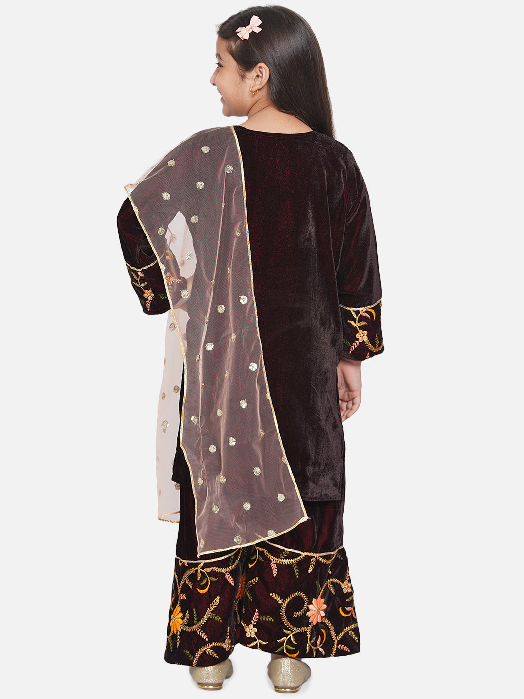 Girls Floral Embroidery Velvet Kurta Palazzo in Mahroon | SHOBITAM