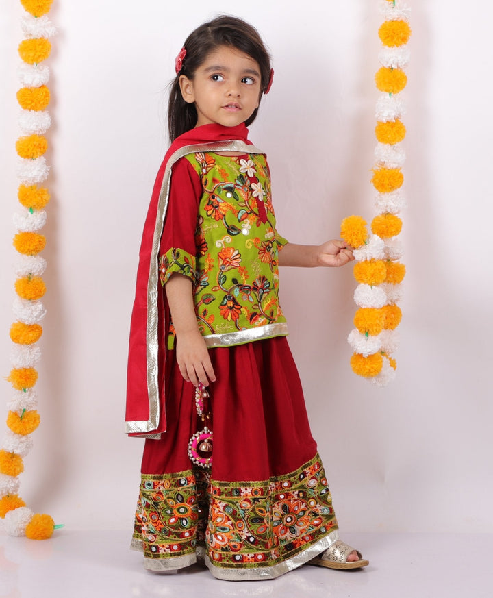 Girls Floral Embroidery Kurta with Mirror Work Lehenga and Dupatta - Maroon | SHOBITAM