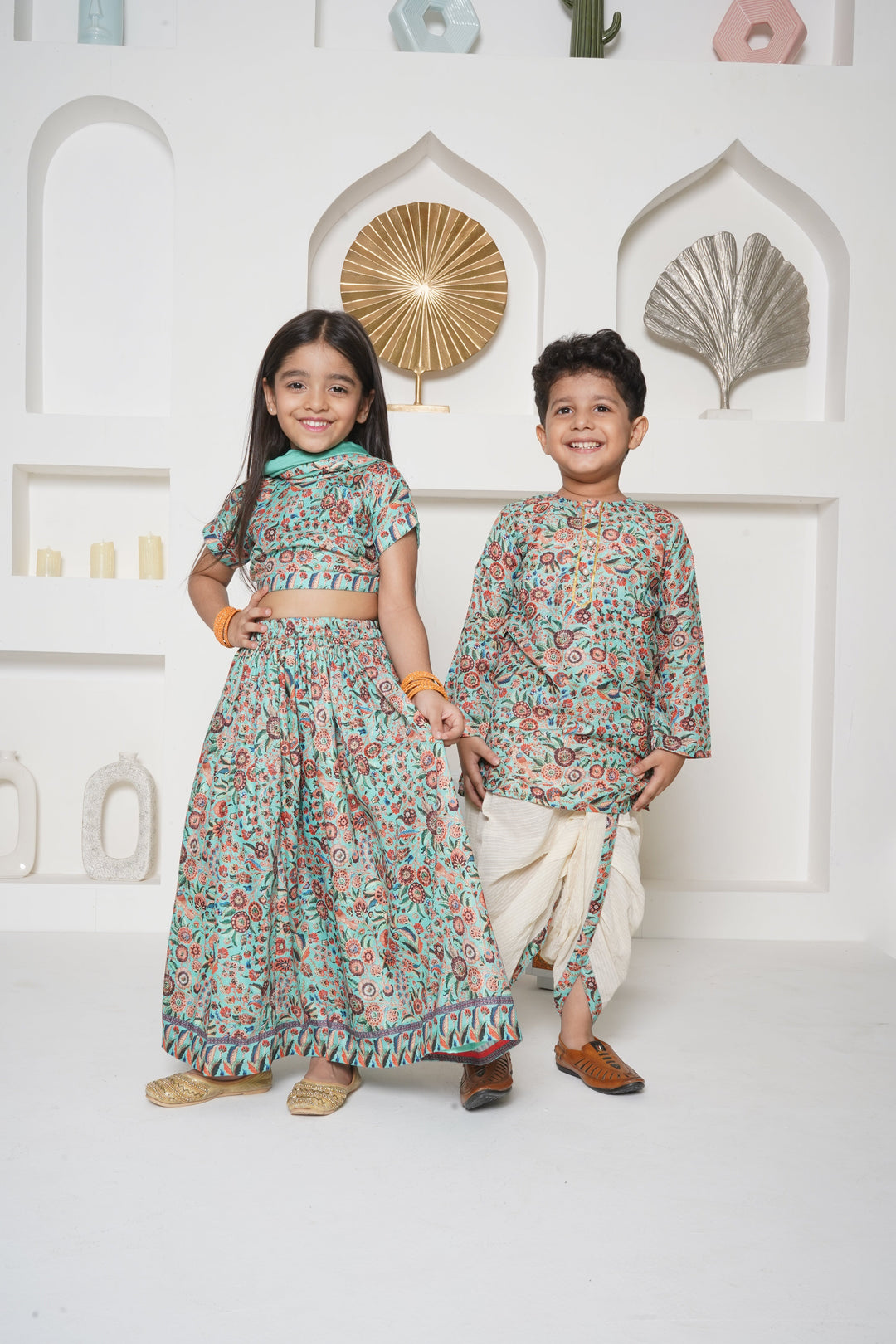 || No Fabric Name || Boys Floral Print Kurta with Pearl Button & Thread work Dhoti - Green & Cream | SHOBITAM