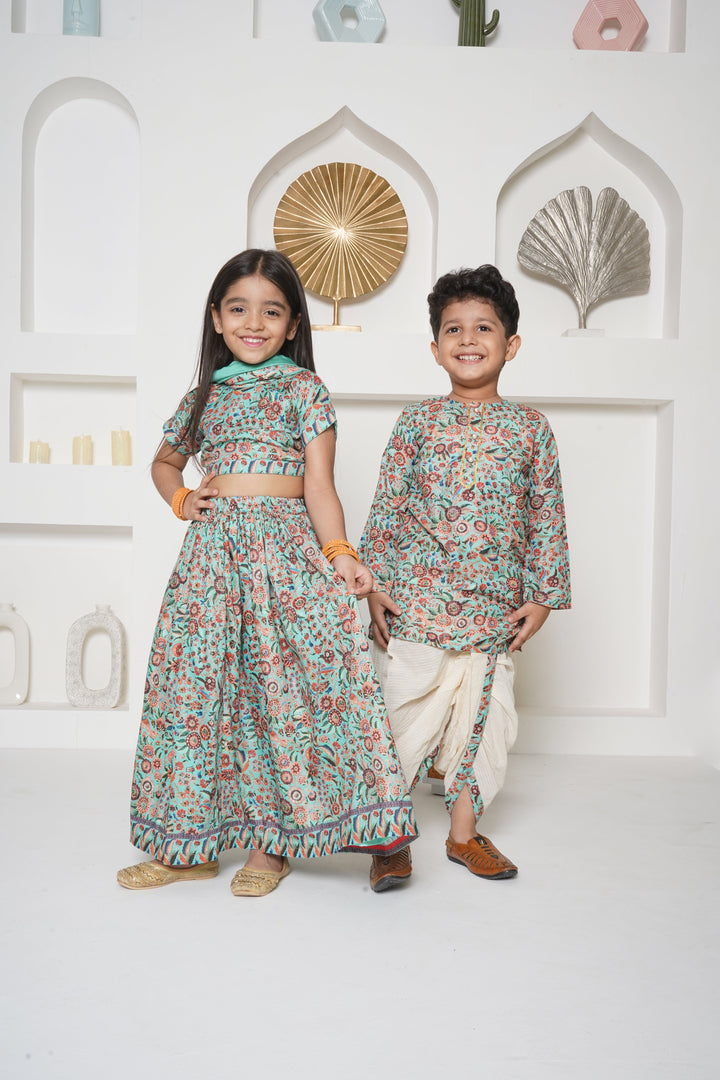 || No Fabric Name || Boys Floral Print Kurta with Pearl Button & Thread work Dhoti - Green & Cream | SHOBITAM