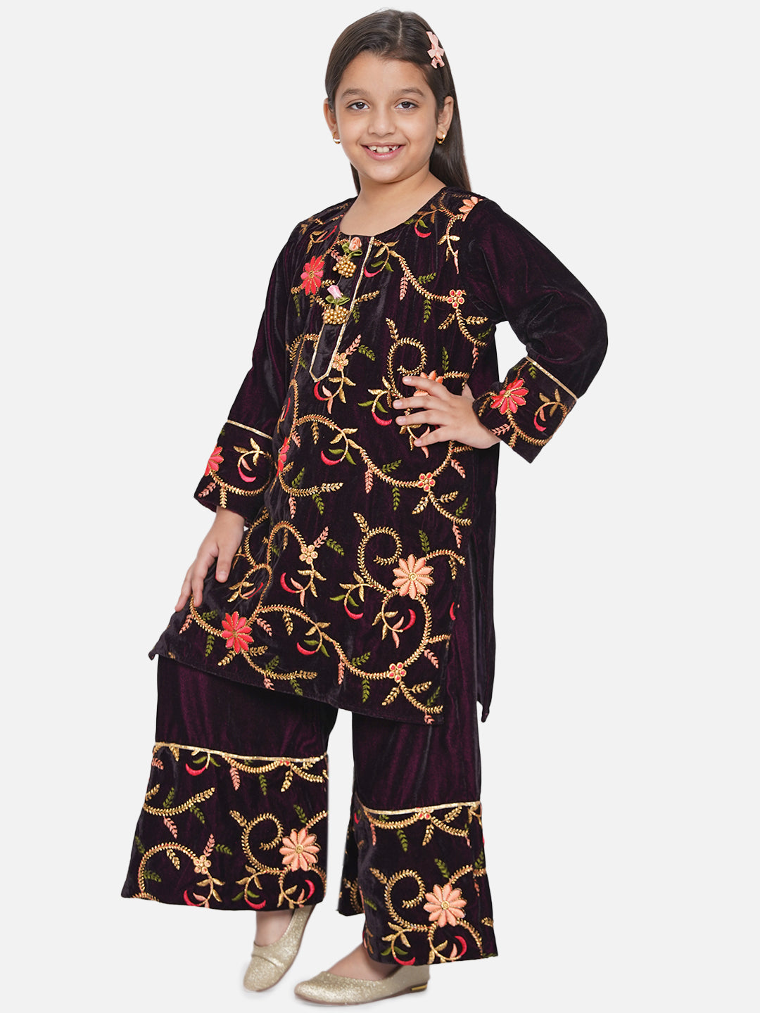 Girls Floral Embroidery Velvet Kurta Plazzo in Violet | SHOBITAM