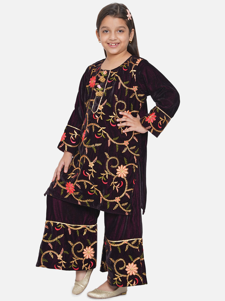 Girls Floral Embroidery Velvet Kurta Plazzo in Violet | SHOBITAM