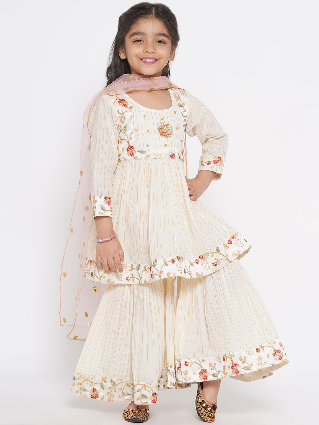 Floral Embroidery Jacket with Gold Strip Frock with Sharara & Dupatta - Cream | SHOBITAM