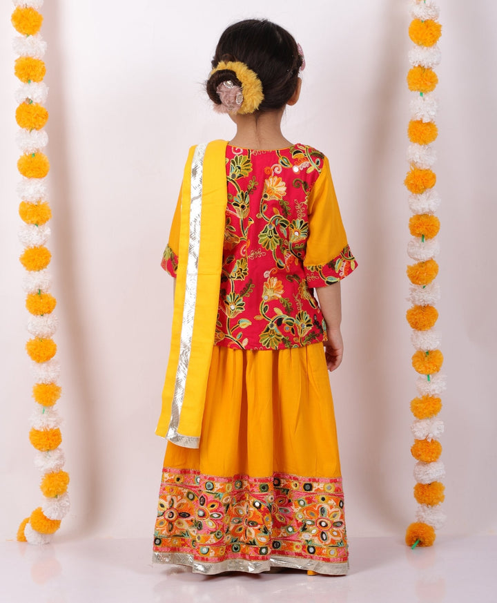 Girls Floral Embroidery Kurta with Mirror Work Lehenga & Dupatta -Yellow and Red | SHOBITAM