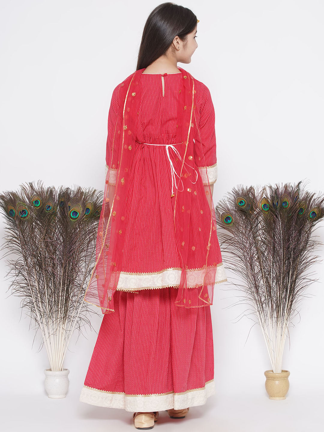 Floral Thread work Frock Style Kurta and Sharara with Dupatta - Red | SHOBITAM