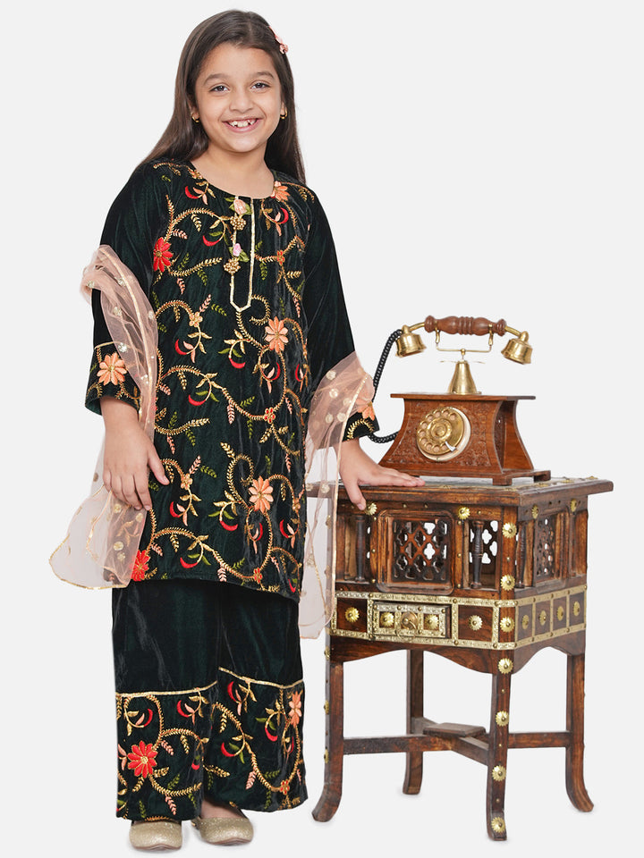 Girls Floral Embrodiery Velvet Kurta Plazzo in Mehendi Green | SHOBITAM