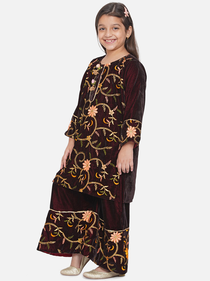 Girls Floral Embroidery Velvet Kurta Palazzo in Mahroon | SHOBITAM