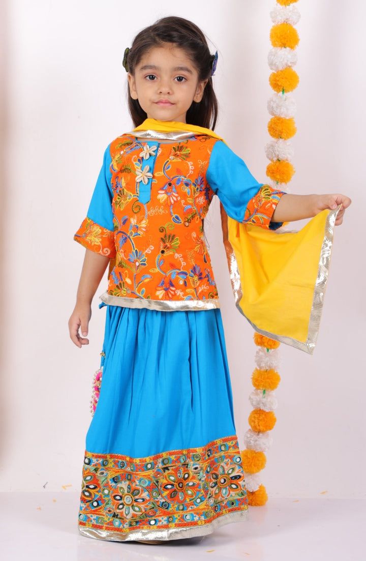 Girls Floral Embroidery Kurta with Mirror Work Lehenga & Dupatta - Orange & Blue | SHOBITAM