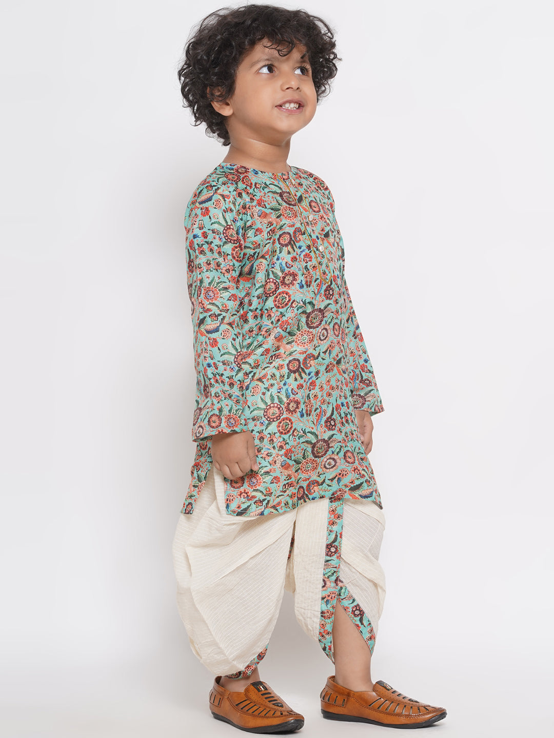 || No Fabric Name || Boys Floral Print Kurta with Pearl Button & Thread work Dhoti - Green & Cream | SHOBITAM