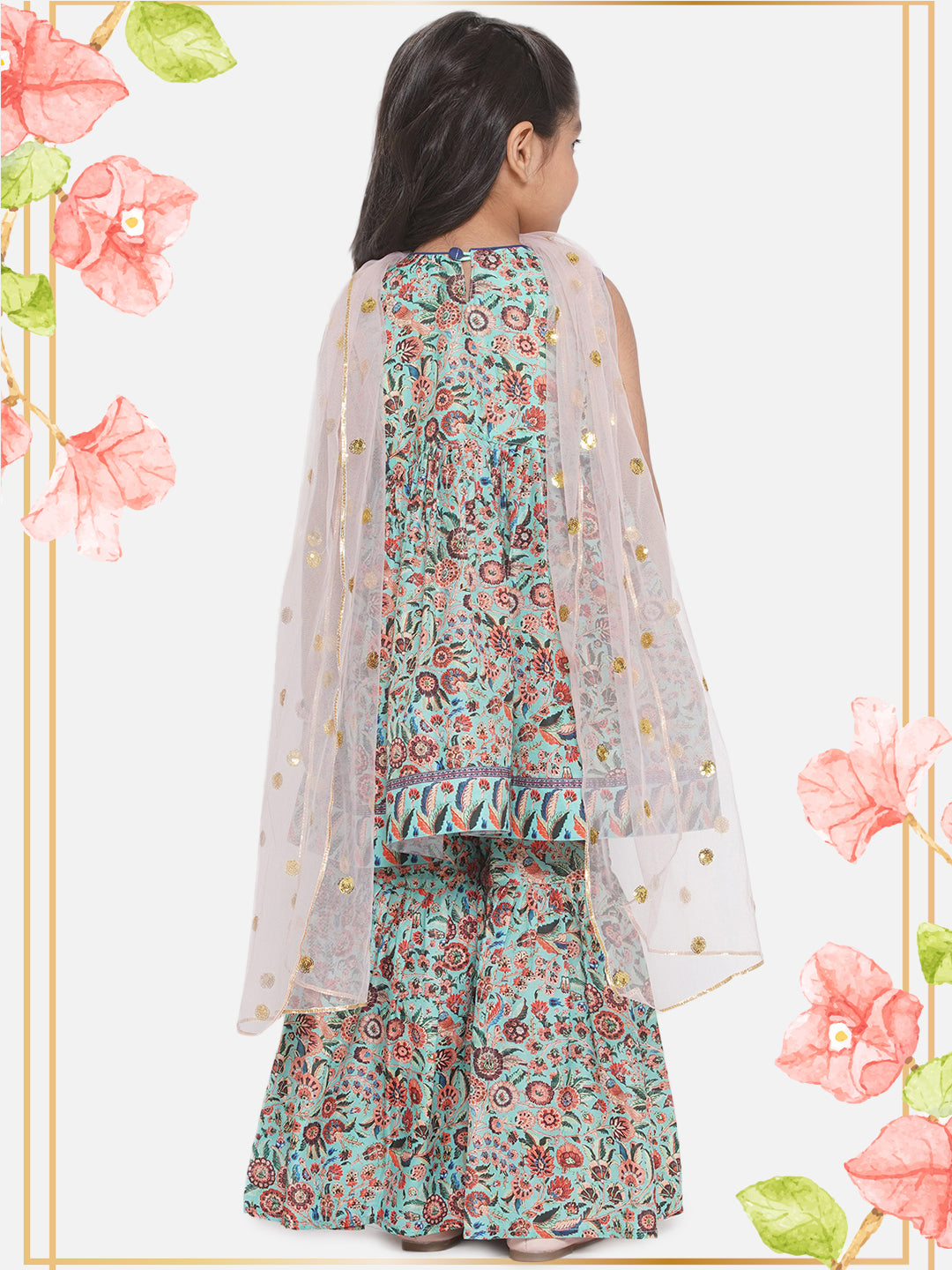 Floral Kurta with Ghera wala Sharara and Dupatta - Green | SHOBITAM