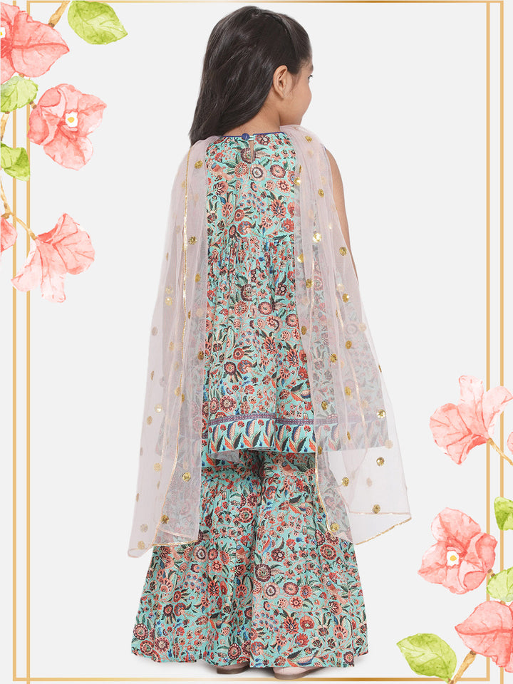 Floral Kurta with Ghera wala Sharara and Dupatta - Green | SHOBITAM