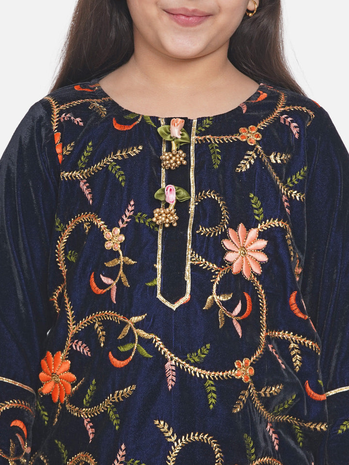 Girls Floral Embrodiery Velvet Kurta Plazzo in Royal Blue  | SHOBITAM