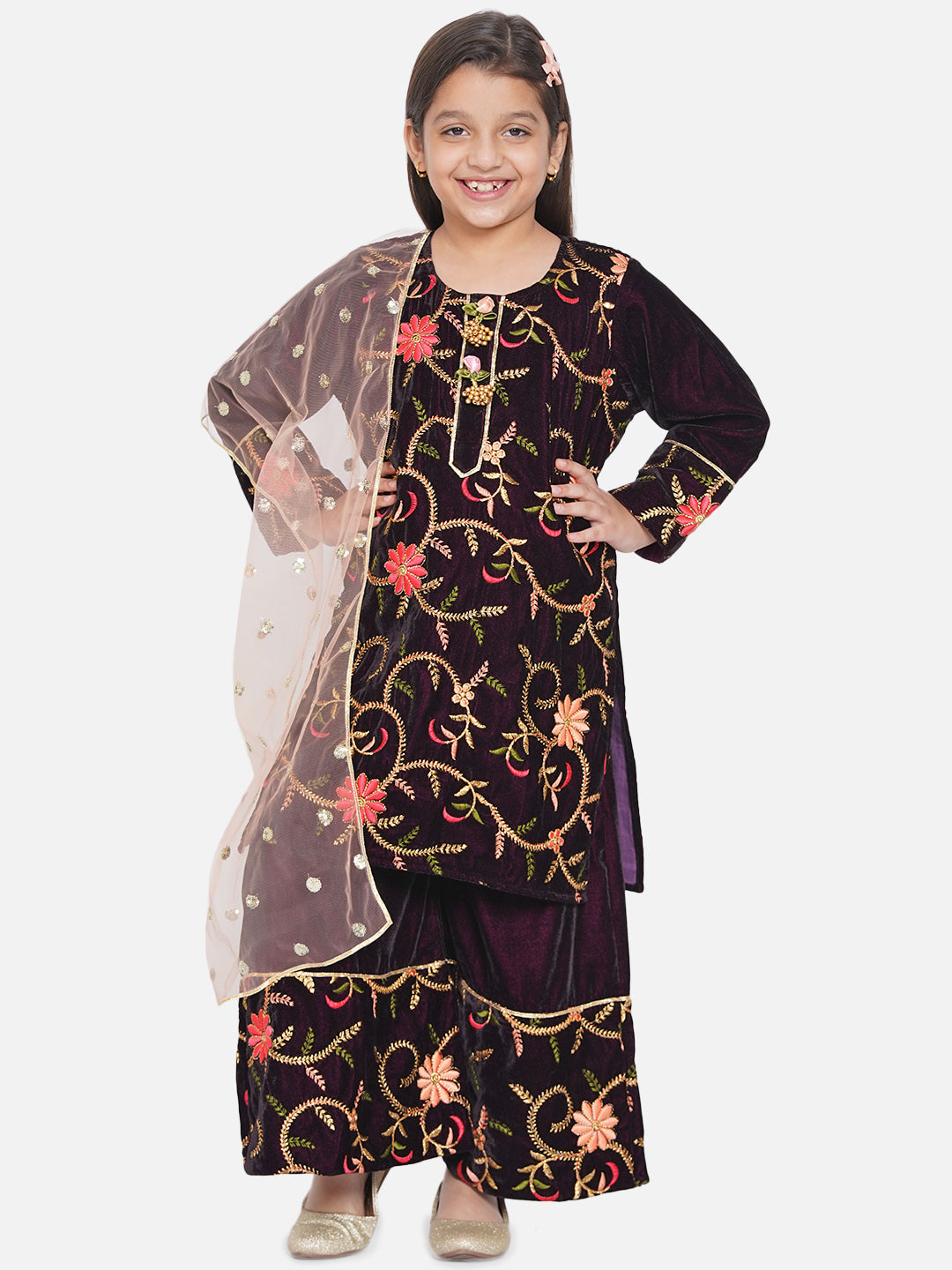 Girls Floral Embroidery Velvet Kurta Plazzo in Violet | SHOBITAM