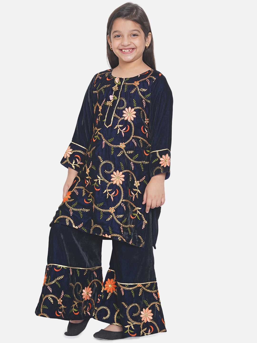 Girls Floral Embrodiery Velvet Kurta Plazzo in Royal Blue  | SHOBITAM