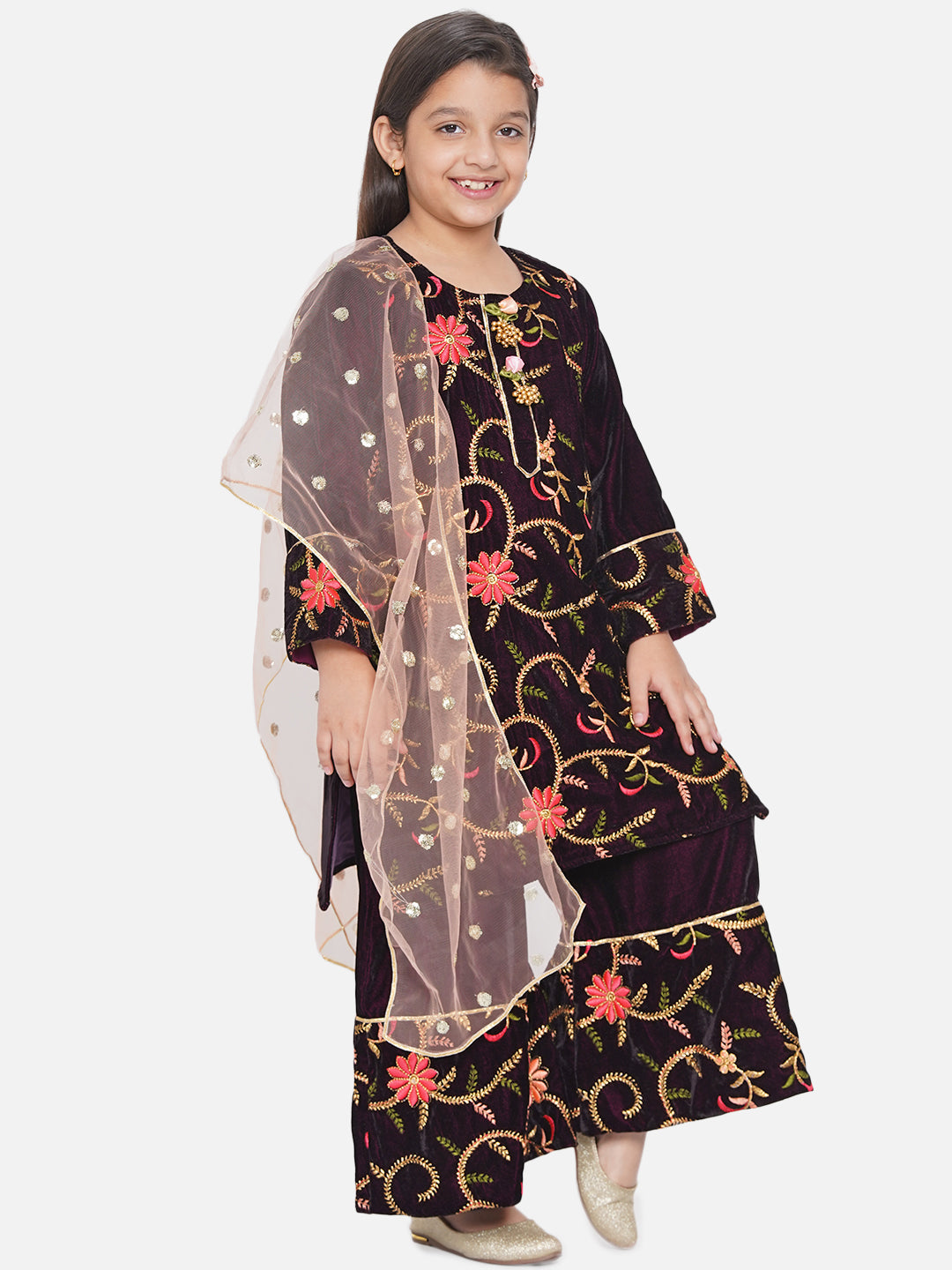 Girls Floral Embroidery Velvet Kurta Plazzo in Violet | SHOBITAM