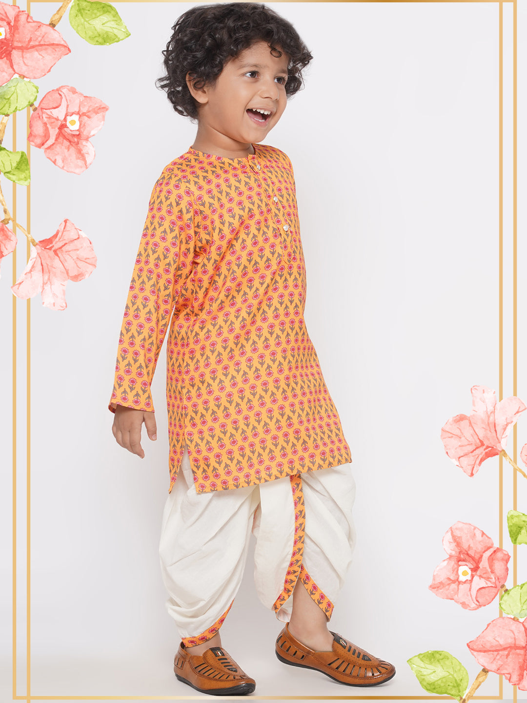 Jaipuri Floral Print Pure Kurta with Dhoti - Yellow | SHOBITAM