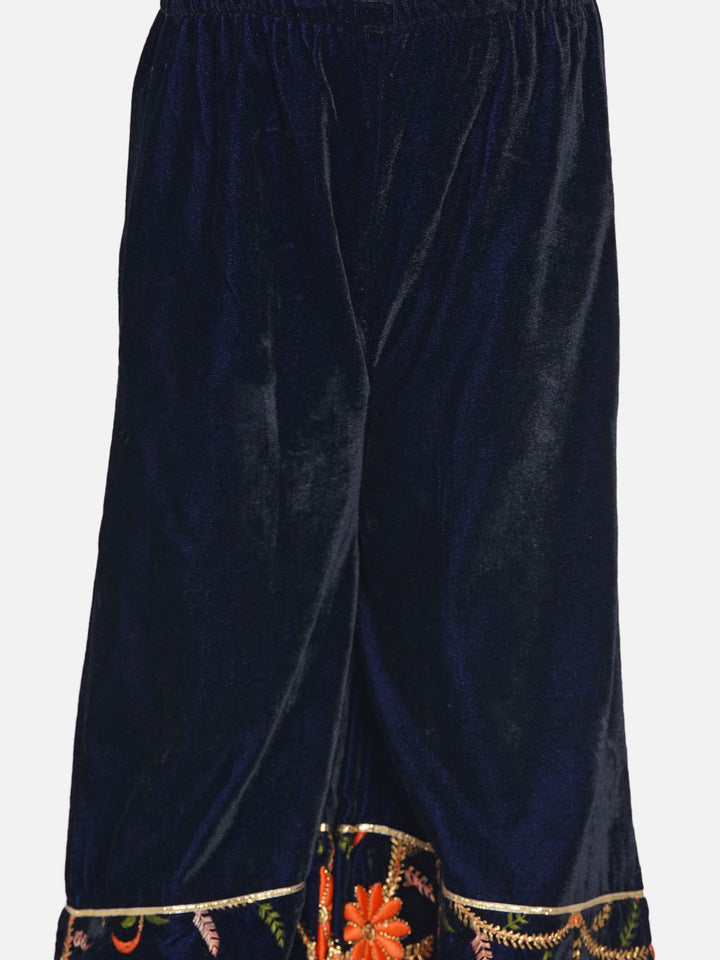 Girls Floral Embrodiery Velvet Kurta Plazzo in Royal Blue  | SHOBITAM