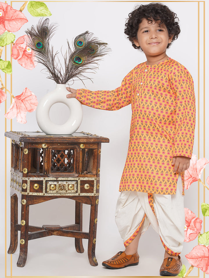 Jaipuri Floral Print Pure Kurta with Dhoti - Yellow | SHOBITAM