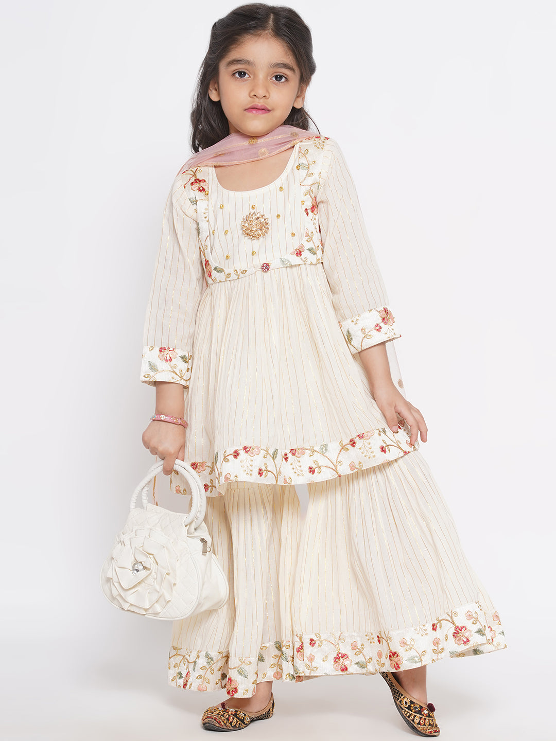 Floral Embroidery Jacket with Gold Strip Frock with Sharara & Dupatta - Cream | SHOBITAM
